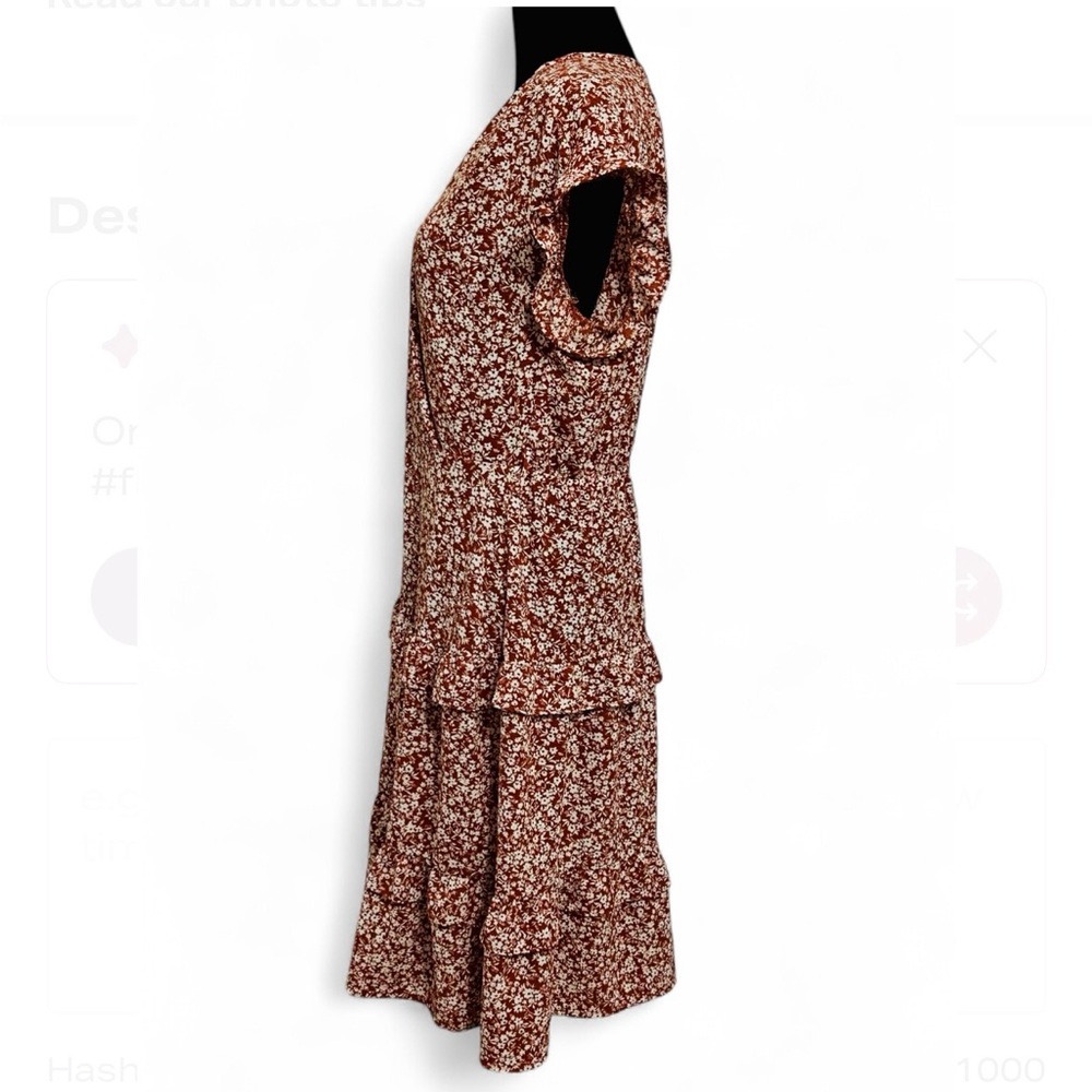 MONTEAU Brown & White Floral Midi Dress L, Short Sleeves V Neck Tiered Skirt - Picture 3 of 7